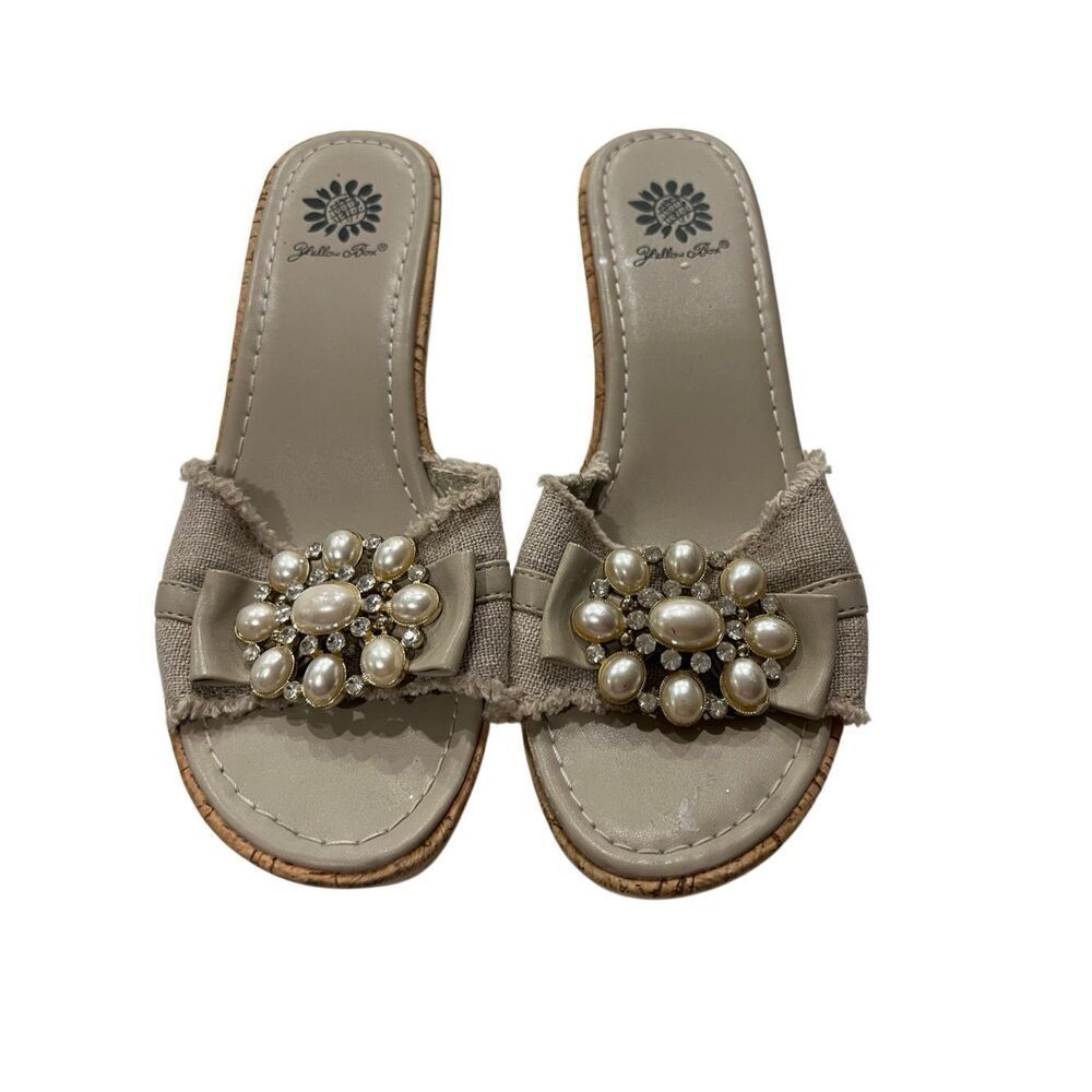 Yellow Box Women's Linen Pearl Embellished Slip On Cork Wedge Heels Beige Size 7